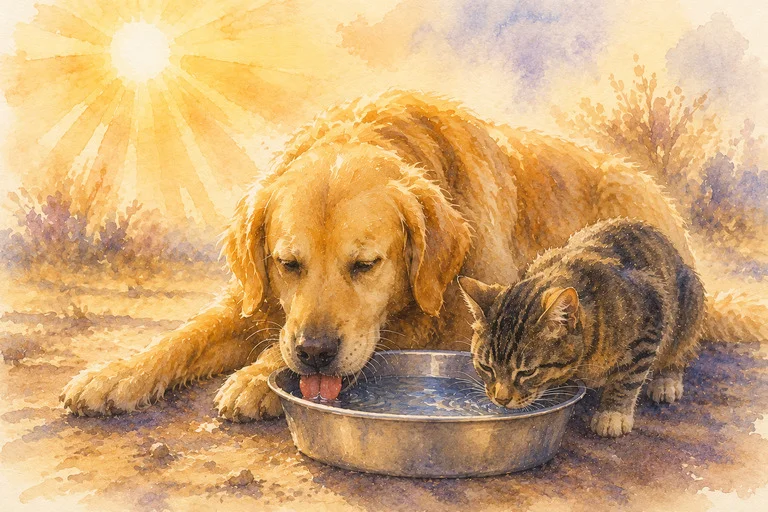Illustration de l'article : un chien et un chat boivent de l'eau fraîche pendant une canicule